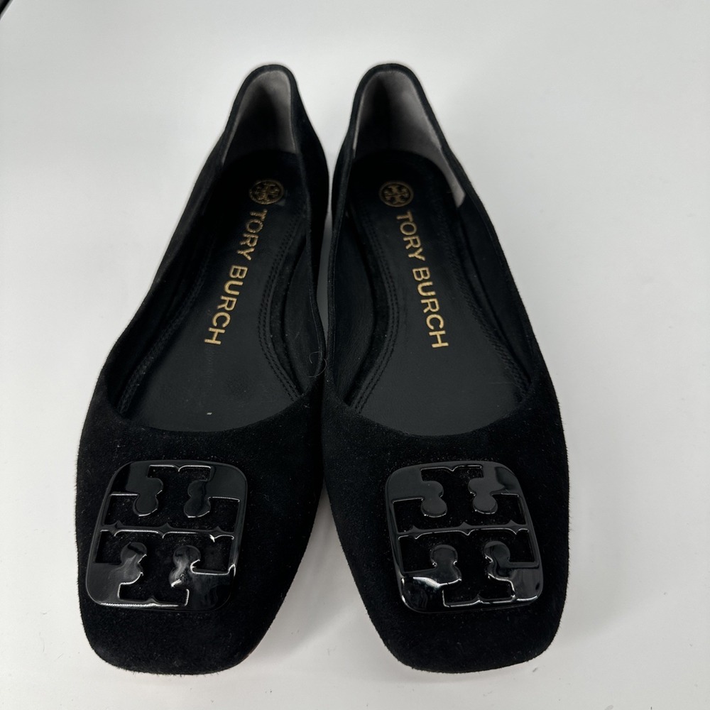 Tory Burch Black Suede Flats Square Toe Logo Medallion Leather Sole Size 6